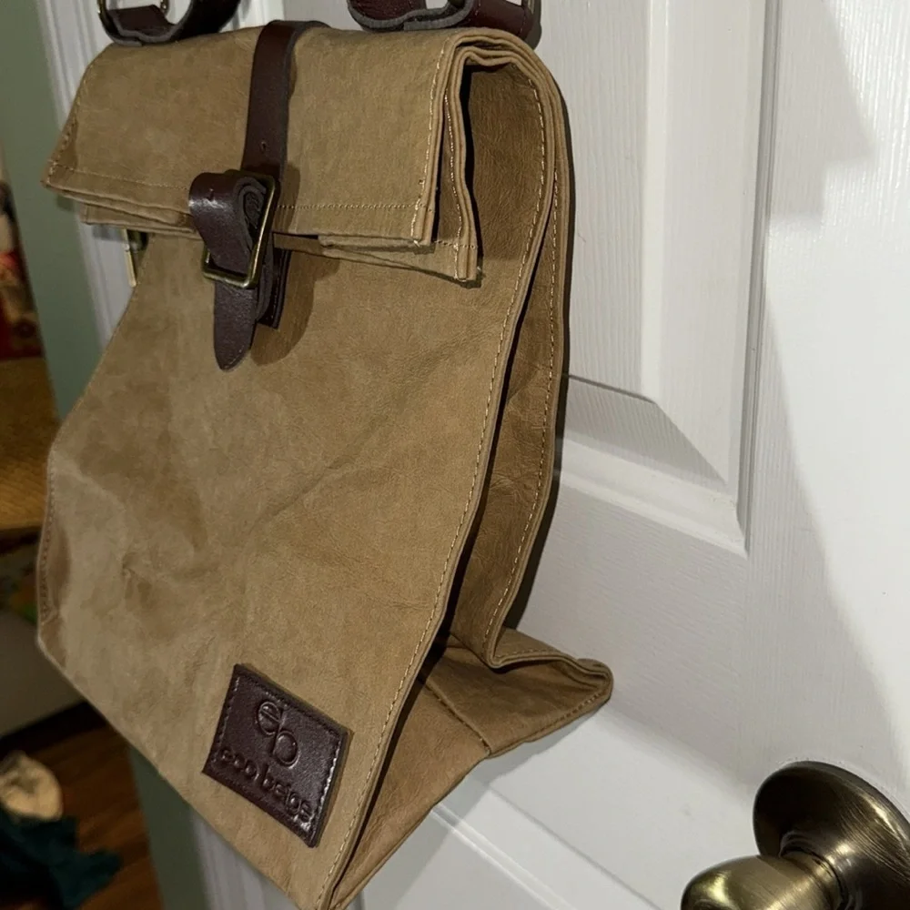 Eco-Beige Brown Leather-Trimmed Brown Paper Bag Crossbody Bag Recycled 9x11x5.5 - Picture 5 of 11